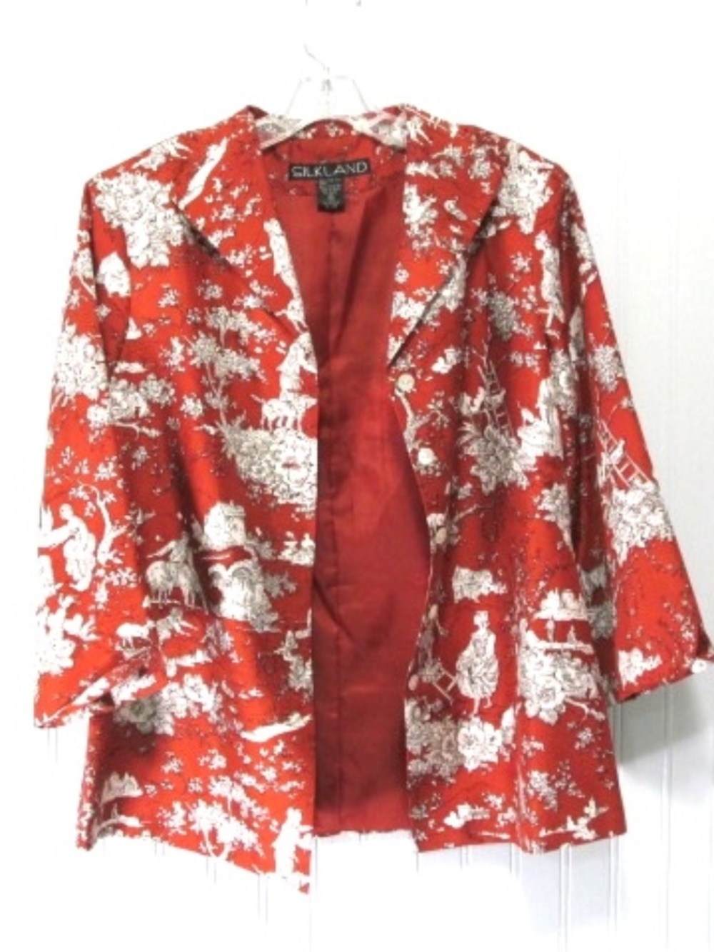 Rusty Red White Toile de Jouy Silk Blazer, Size 10